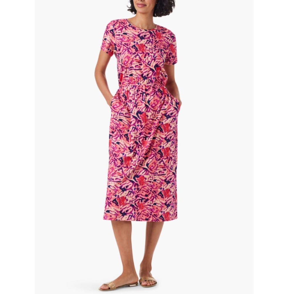 NIC+ZOE NZT Maxi Dress Women L Pink Abstract Print Short Sleeve Cotton Casual